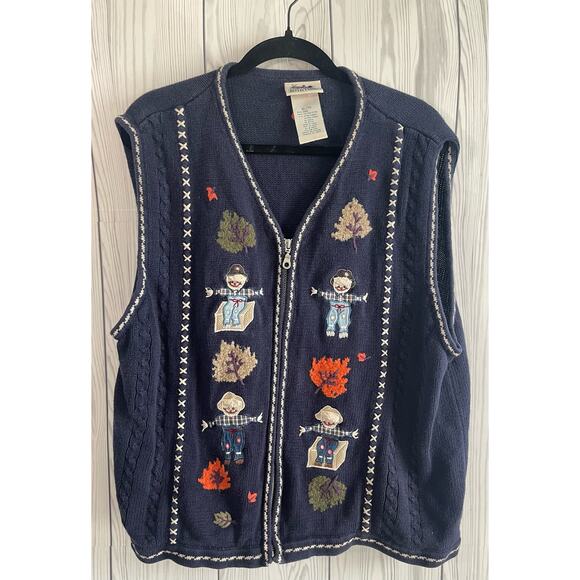 VTG Northern Reflections Fall Scarecrow Sweater Vest Navy Zip Front extra large - Picture 1 of 10